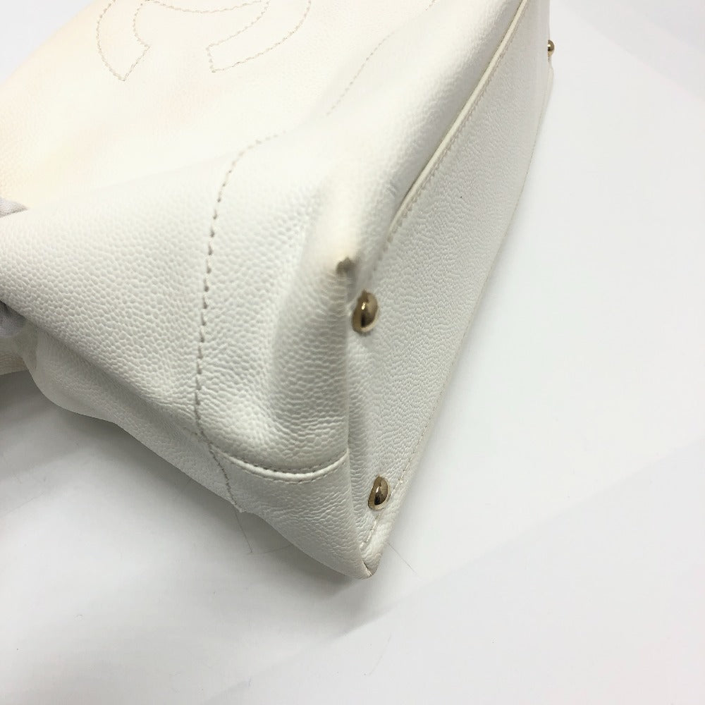 CHANEL Shoulder Bag Caviar skin white Wood tone CC COCO Mark Women Used Authentic