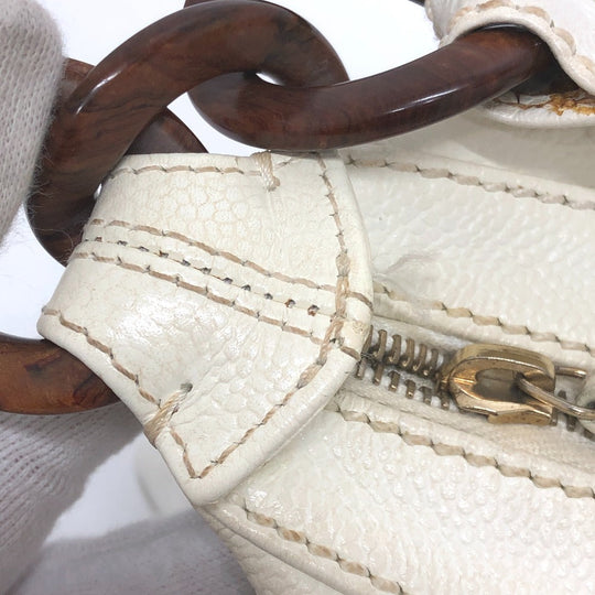 CHANEL Shoulder Bag Caviar skin white Wood tone CC COCO Mark Women Used Authentic