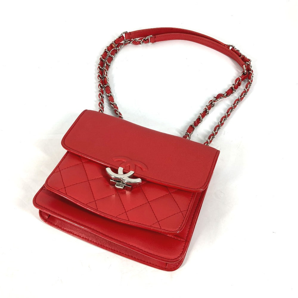 CHANEL Shoulder Bag leather Red WChain Double CC COCO Mark Women Used Authentic