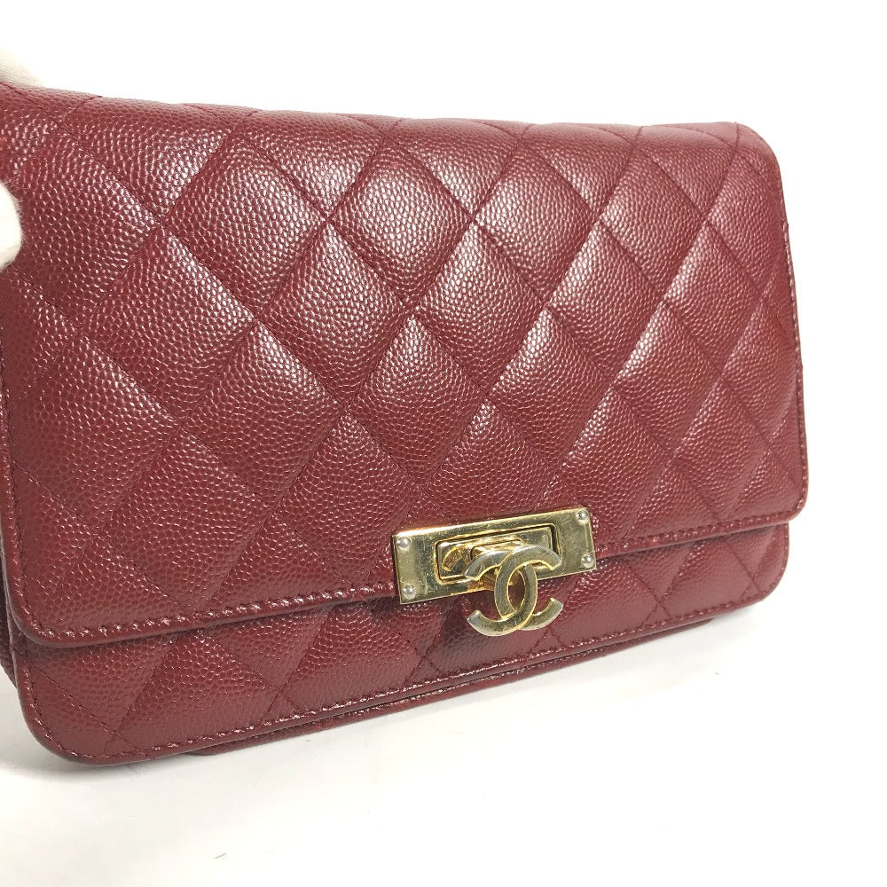 CHANEL Long Wallet Purse Caviar skin Red x Gold Metal CC COCO Mark Coco Lock Chain Wallet Women Used Authentic