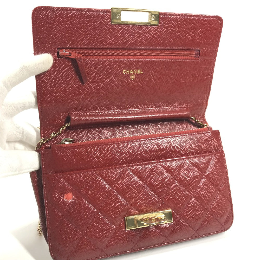 CHANEL Long Wallet Purse Caviar skin Red x Gold Metal CC COCO Mark Coco Lock Chain Wallet Women Used Authentic