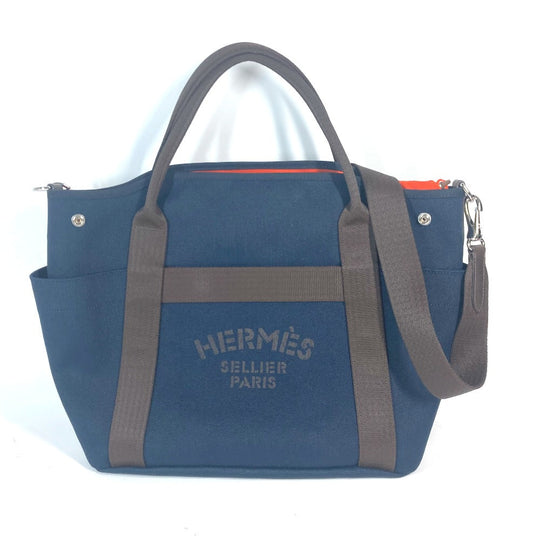 HERMES Tote Bag canvas Navy With bag-in-bag Sucked Pansage Groom Women Used Authentic