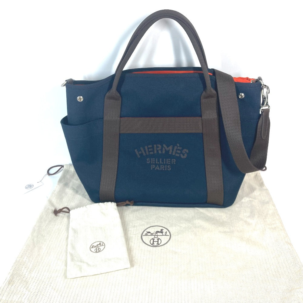 HERMES Tote Bag canvas Navy With bag-in-bag Sucked Pansage Groom Women Used Authentic