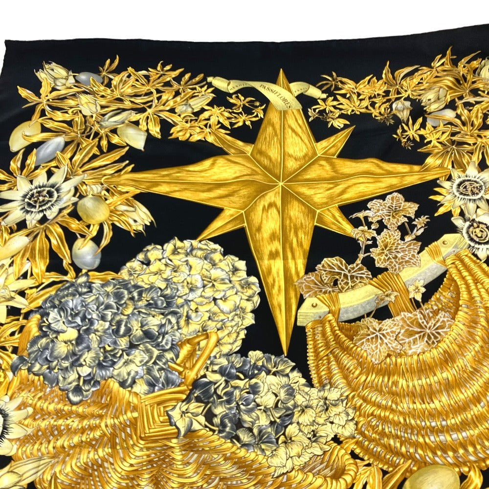 HERMES scarf silk black Carre90 PASSIFLORES Passion Flower Women Used Authentic