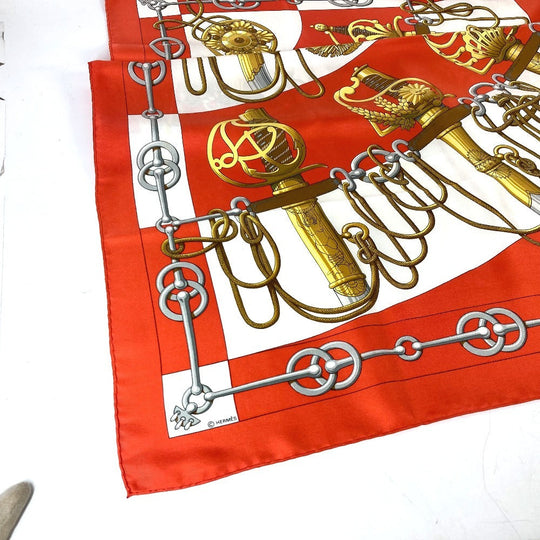 HERMES scarf silk Orange Carre90 Cliquetis tick sword pattern Women Used Authentic