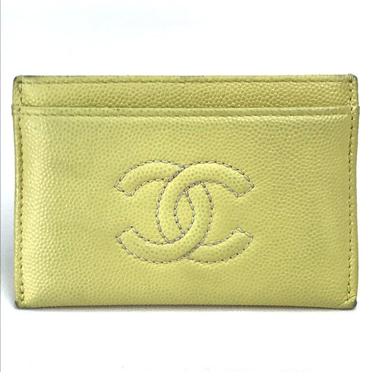 CHANEL Card Case Caviar skin Light yellow CC COCO Mark stitch