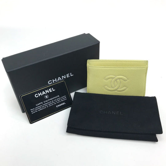 CHANEL Card Case Caviar skin Light yellow CC COCO Mark stitch