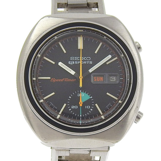 SEIKO Watches Mechanical Automatic 6139-8002 Stainless Steel Silver vintage Seiko 5 Sports Speed Timer black dial mens Used Authentic