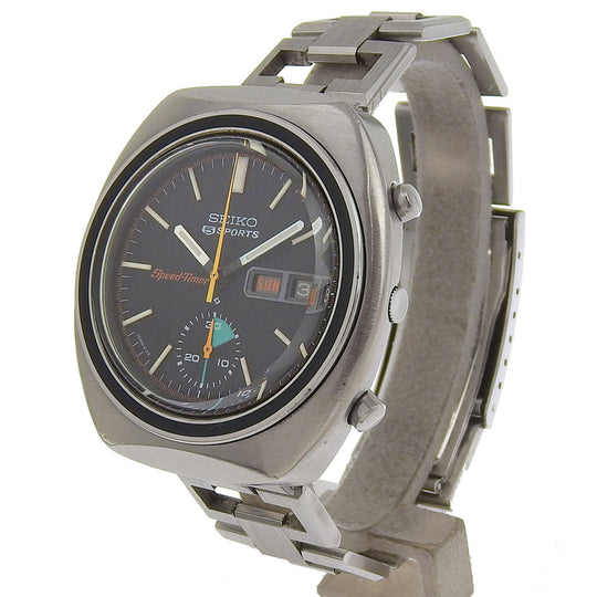 SEIKO Watches Mechanical Automatic 6139-8002 Stainless Steel Silver vintage Seiko 5 Sports Speed Timer black dial mens Used Authentic