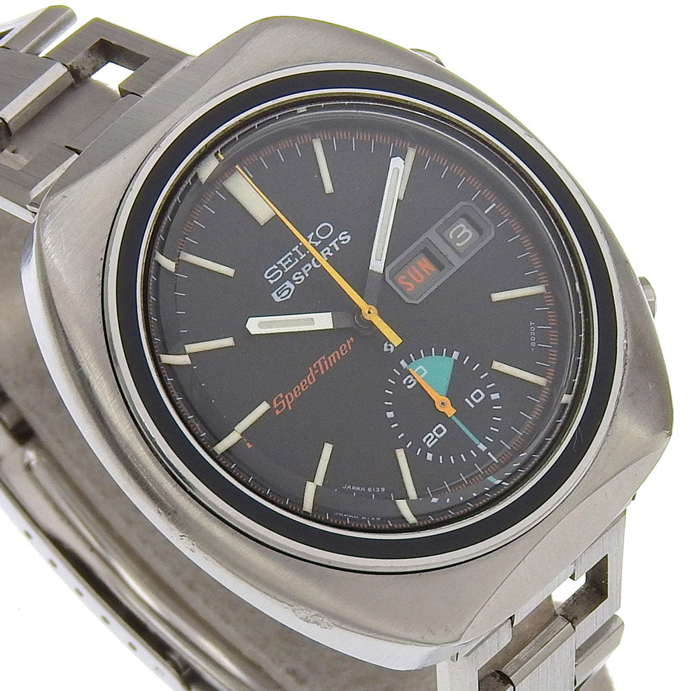 SEIKO Watches Mechanical Automatic 6139-8002 Stainless Steel Silver vintage Seiko 5 Sports Speed Timer black dial mens Used Authentic