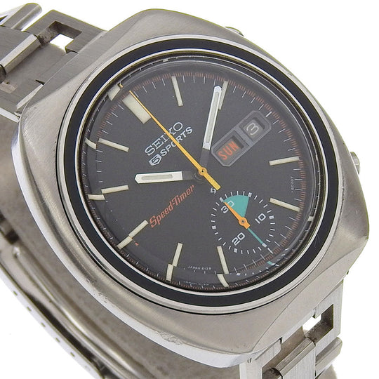 SEIKO Watches Mechanical Automatic 6139-8002 Stainless Steel Silver vintage Seiko 5 Sports Speed Timer black dial mens Used Authentic