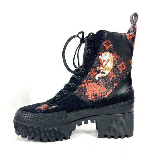 LOUIS VUITTON boots Monogram canvas Brown Monogram catgram Star Trail Line Lace-up Ankle Boots Women 39 Used Authentic