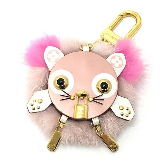 LOUIS VUITTON key ring M63093 fur pink Cat motif bijou sack wild fur Women Used Authentic