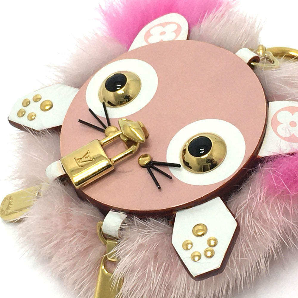 LOUIS VUITTON key ring M63093 fur pink Cat motif bijou sack wild fur Women Used Authentic
