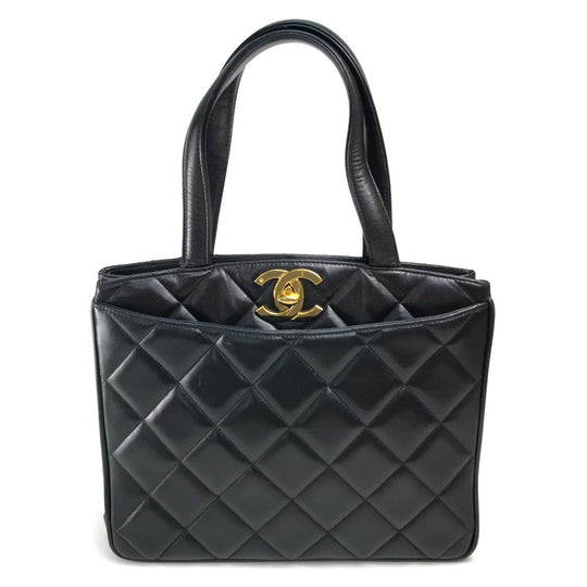CHANEL Tote Bag lambskin Black x Gold Metal CC COCO Mark Matrasse quilting Women Used Authentic