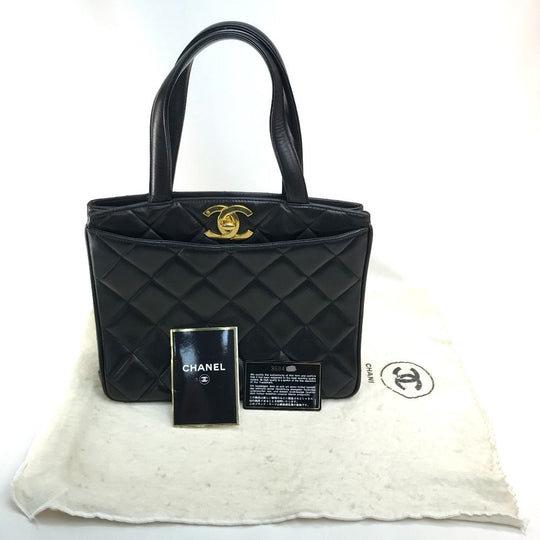 CHANEL Tote Bag lambskin Black x Gold Metal CC COCO Mark Matrasse quilting Women Used Authentic
