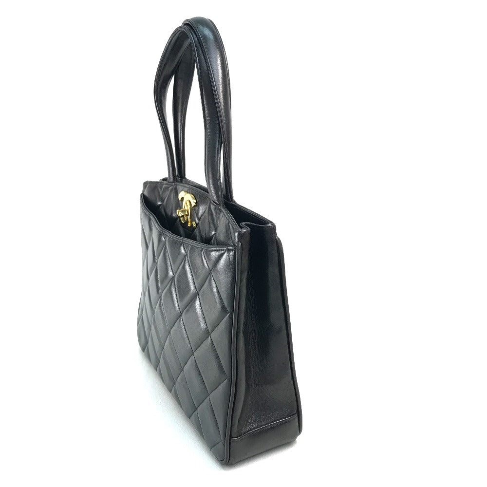 CHANEL Tote Bag lambskin Black x Gold Metal CC COCO Mark Matrasse quilting Women Used Authentic