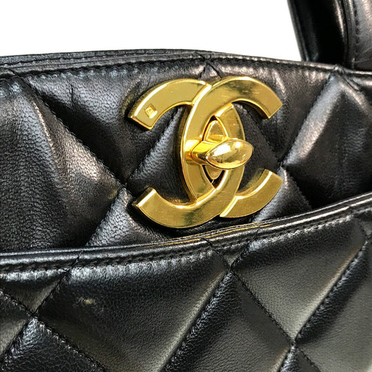 CHANEL Tote Bag lambskin Black x Gold Metal CC COCO Mark Matrasse quilting Women Used Authentic
