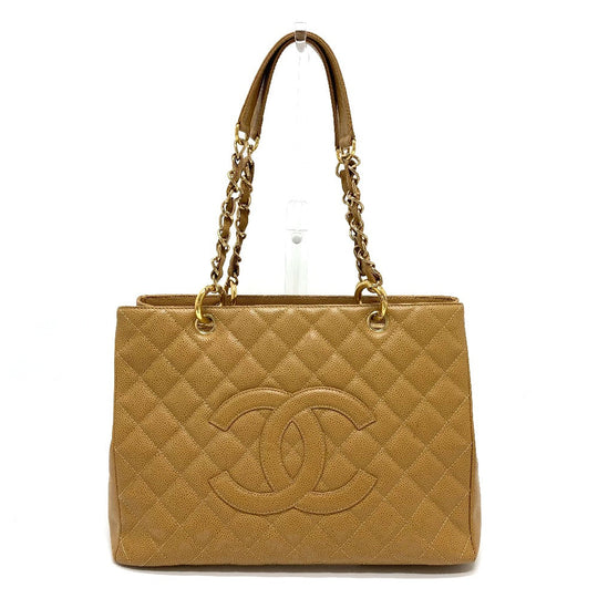 CHANEL Tote Bag A50995 Caviar skin beige CC COCO Mark Matrasse Women Used Authentic