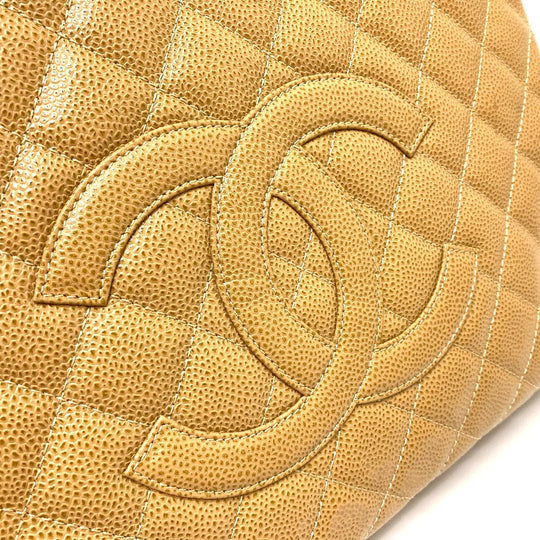 CHANEL Tote Bag A50995 Caviar skin beige CC COCO Mark Matrasse Women Used Authentic