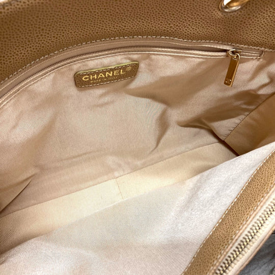 CHANEL Tote Bag A50995 Caviar skin beige CC COCO Mark Matrasse Women Used Authentic