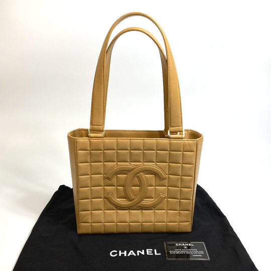 CHANEL Tote Bag A17809 Calfskin beige CCCOCO Mark Chocolate bar Women Used Authentic