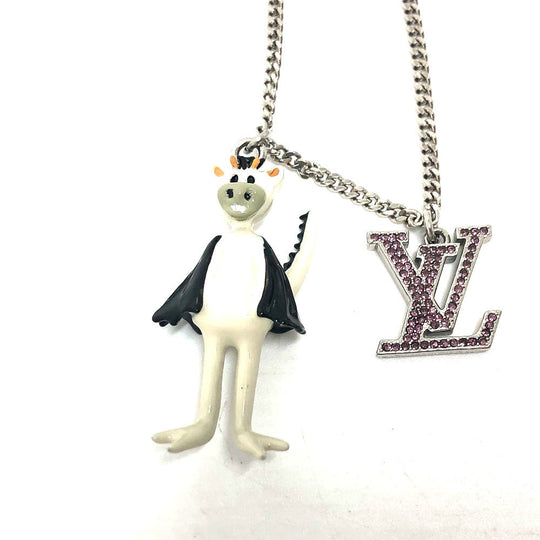 LOUIS VUITTON Necklace MP2927 Stainless Steel Silver LV Dragon LV Friend Strass mens Used Authentic