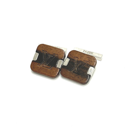 LOUIS VUITTON cuffs Wood, Stainless Steel Brown LV logo mens Used Authentic