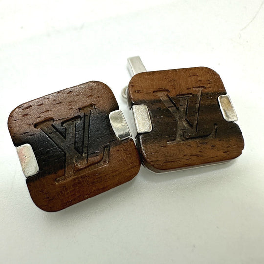 LOUIS VUITTON cuffs Wood, Stainless Steel Brown LV logo mens Used Authentic