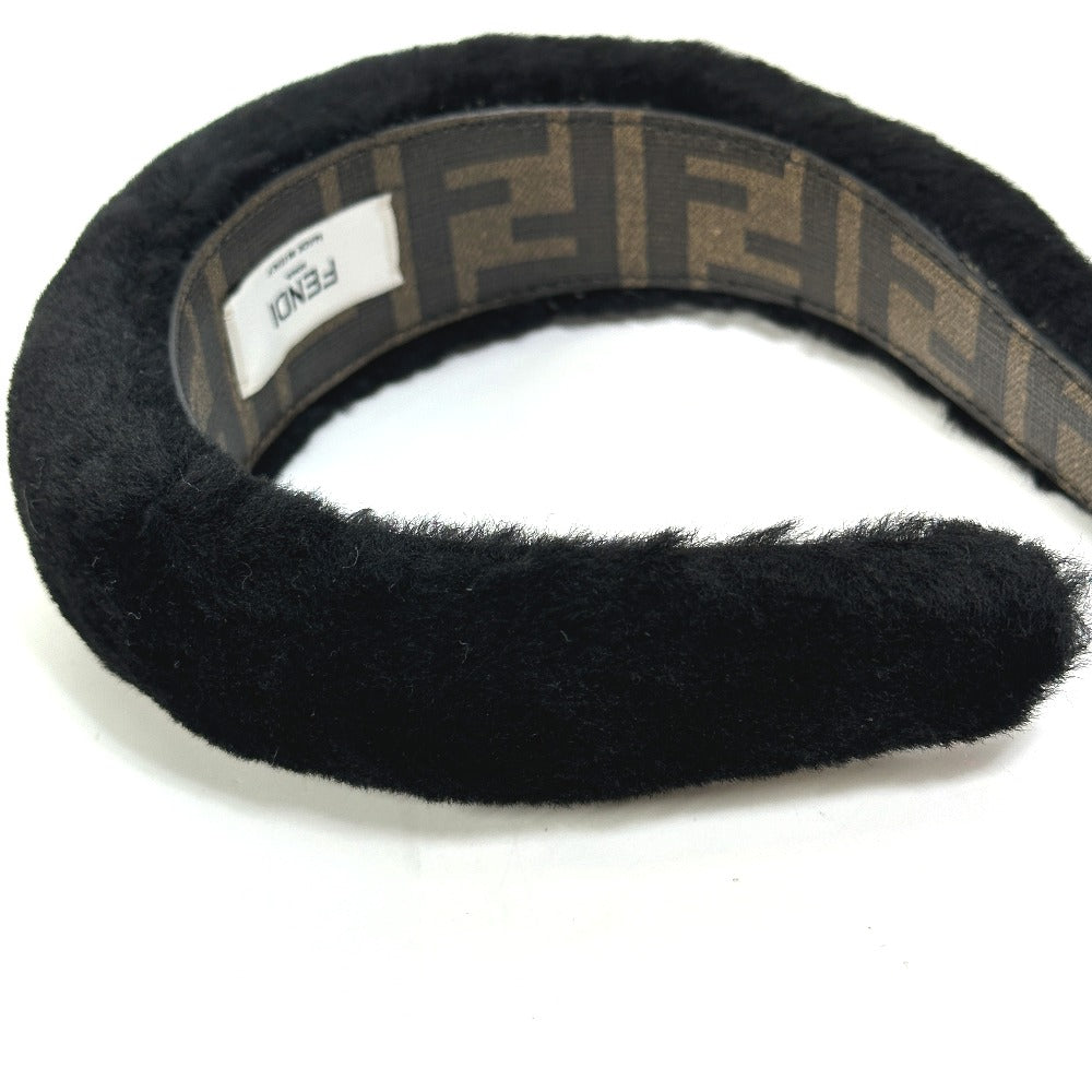 FENDI hair accessory PVC, Sheep fur black Zucca fur head band Women Used Authentic