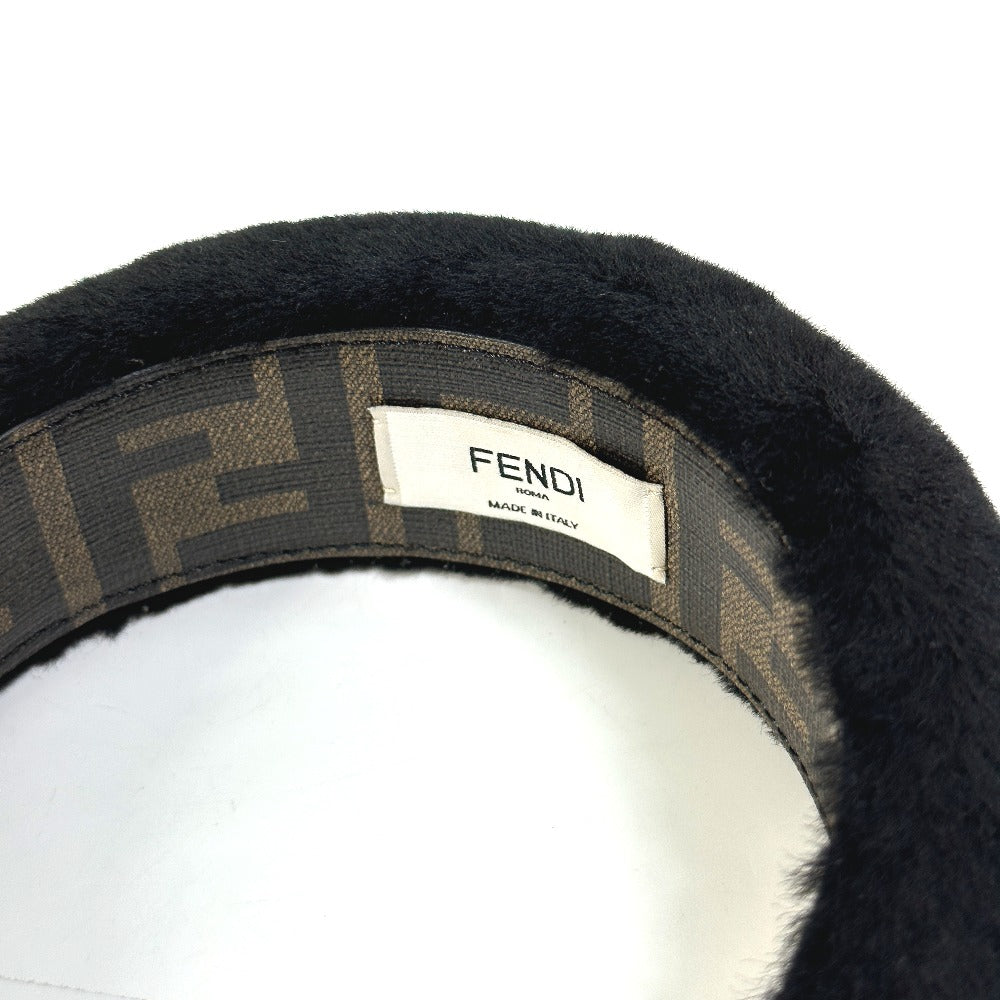 FENDI hair accessory PVC, Sheep fur black Zucca fur head band Women Used Authentic