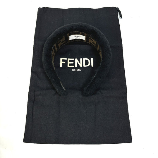 FENDI hair accessory PVC, Sheep fur black Zucca fur head band Women Used Authentic