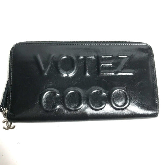 CHANEL Long Wallet Purse A82184 leather black Zip Around VOTEZ COCO Logo embossing Women Used Authentic