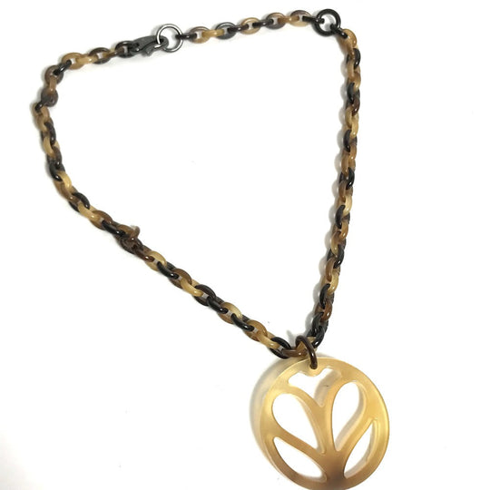HERMES Necklace Buffalo horn Brown Heart Horn Pendant Women Used Authentic