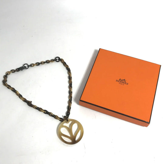 HERMES Necklace Buffalo horn Brown Heart Horn Pendant Women Used Authentic