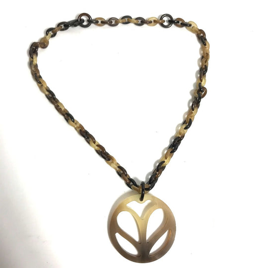 HERMES Necklace Buffalo horn Brown Accessories Heart Horn Pendant Women Used Authentic