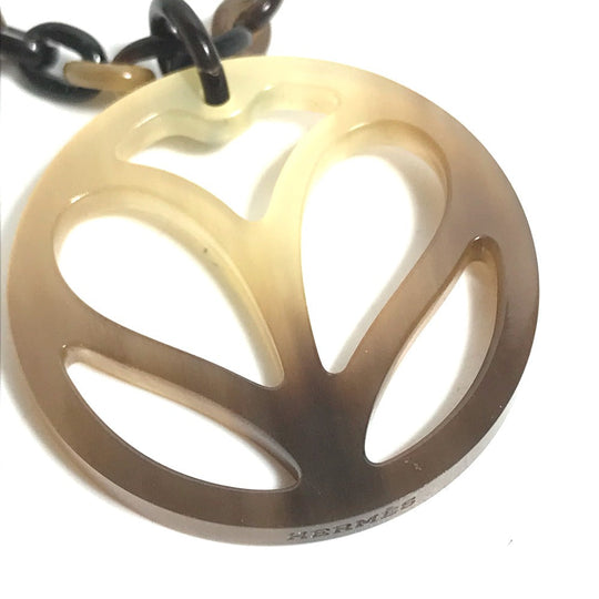 HERMES Necklace Buffalo horn Brown Accessories Heart Horn Pendant Women Used Authentic