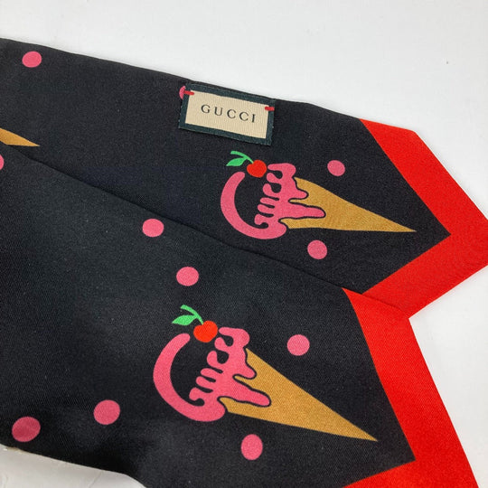 GUCCI scarf 732840 silk Black x red bandeau scarf Cherry Ice Cream Women Used Authentic