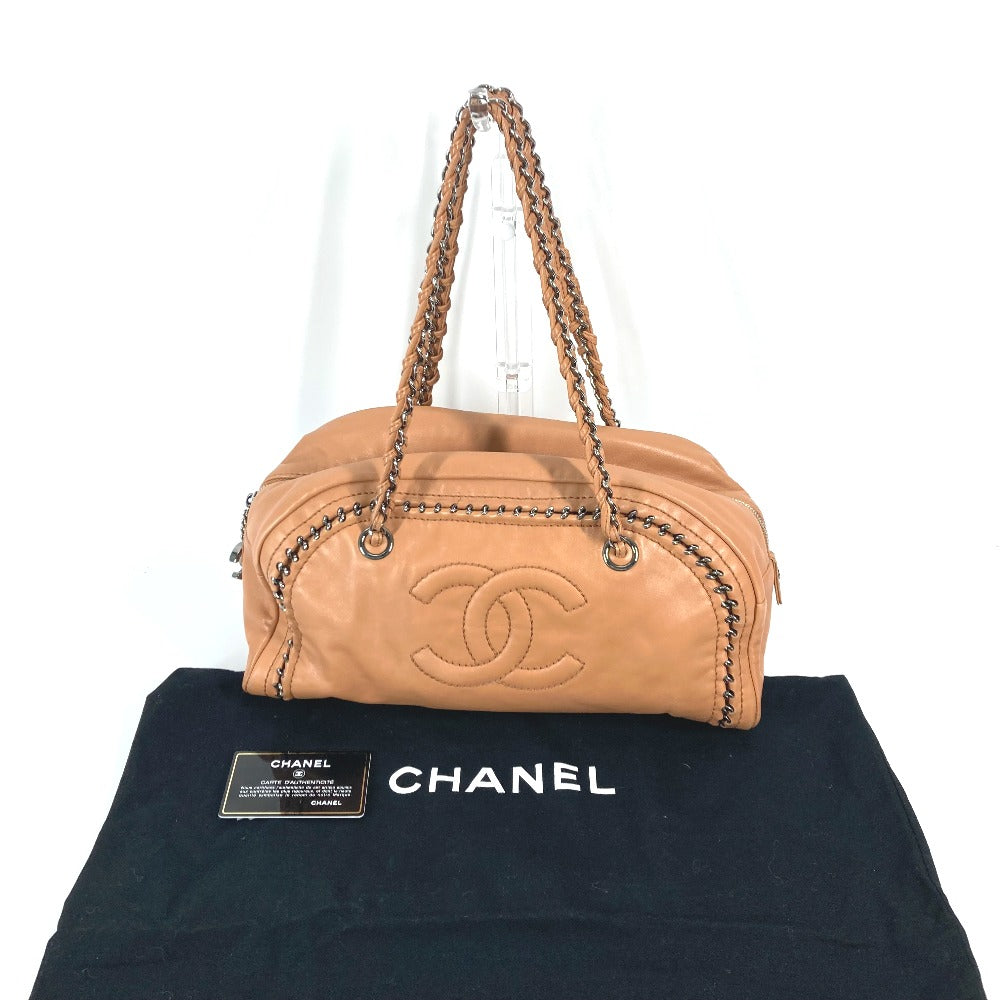 CHANEL Shoulder Bag leather Light brown type Chain Bowling CC COCO Mark Women Used Authentic