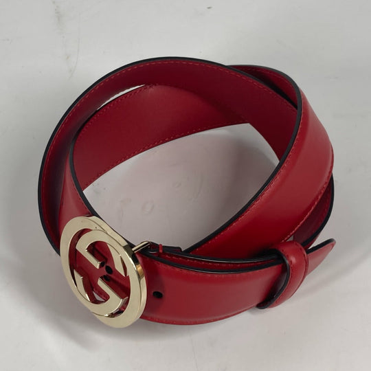 GUCCI belt 546386 leather gold GG Interlocking G Women 85 Used Authentic