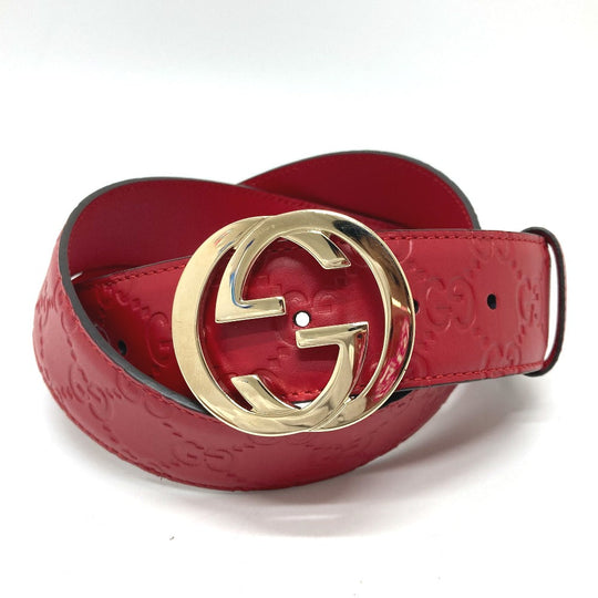 GUCCI belt 370543 leather Red Interlocking G Double G unisex(Unisex) 85 Used Authentic
