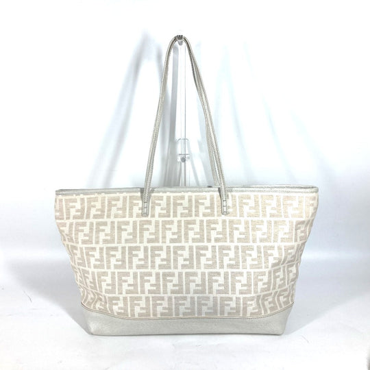 FENDI Shoulder Bag 8BH185 Leather / canvas white Bag Shoulder Bag Tote Bag Zucca logo metal plate Women Used Authentic