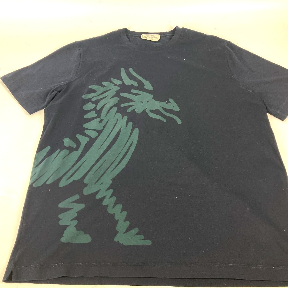 HERMES Short sleeve T-shirt cotton Navy Dragon mens(Unisex) L Used Authentic