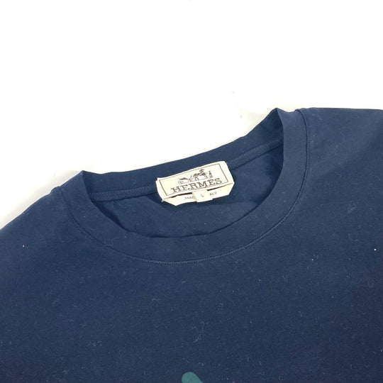 HERMES Short sleeve T-shirt cotton Navy Dragon mens(Unisex) L Used Authentic