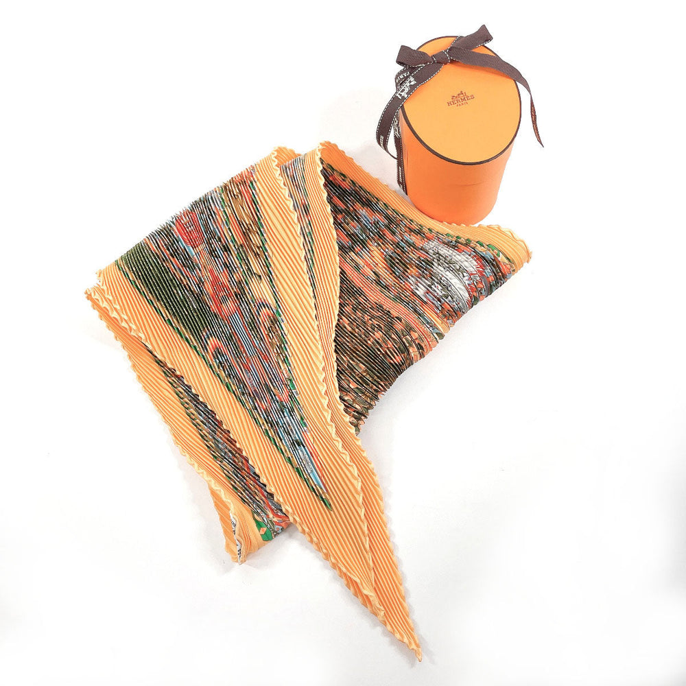 HERMES scarf Silk, 100% silk Orange Axis Mundi Pleated Carre Women Used Authentic