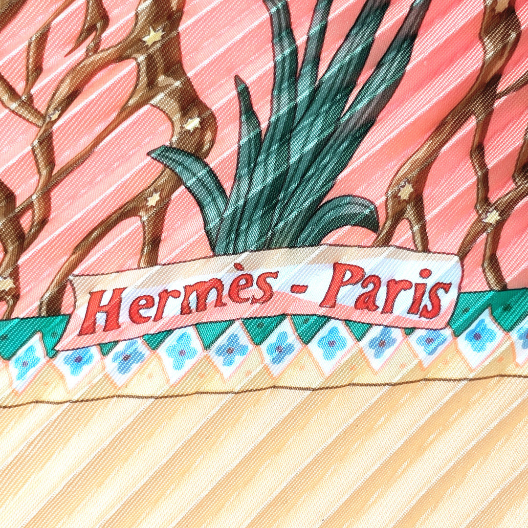 HERMES scarf Silk, 100% silk Orange Axis Mundi Pleated Carre Women Used Authentic