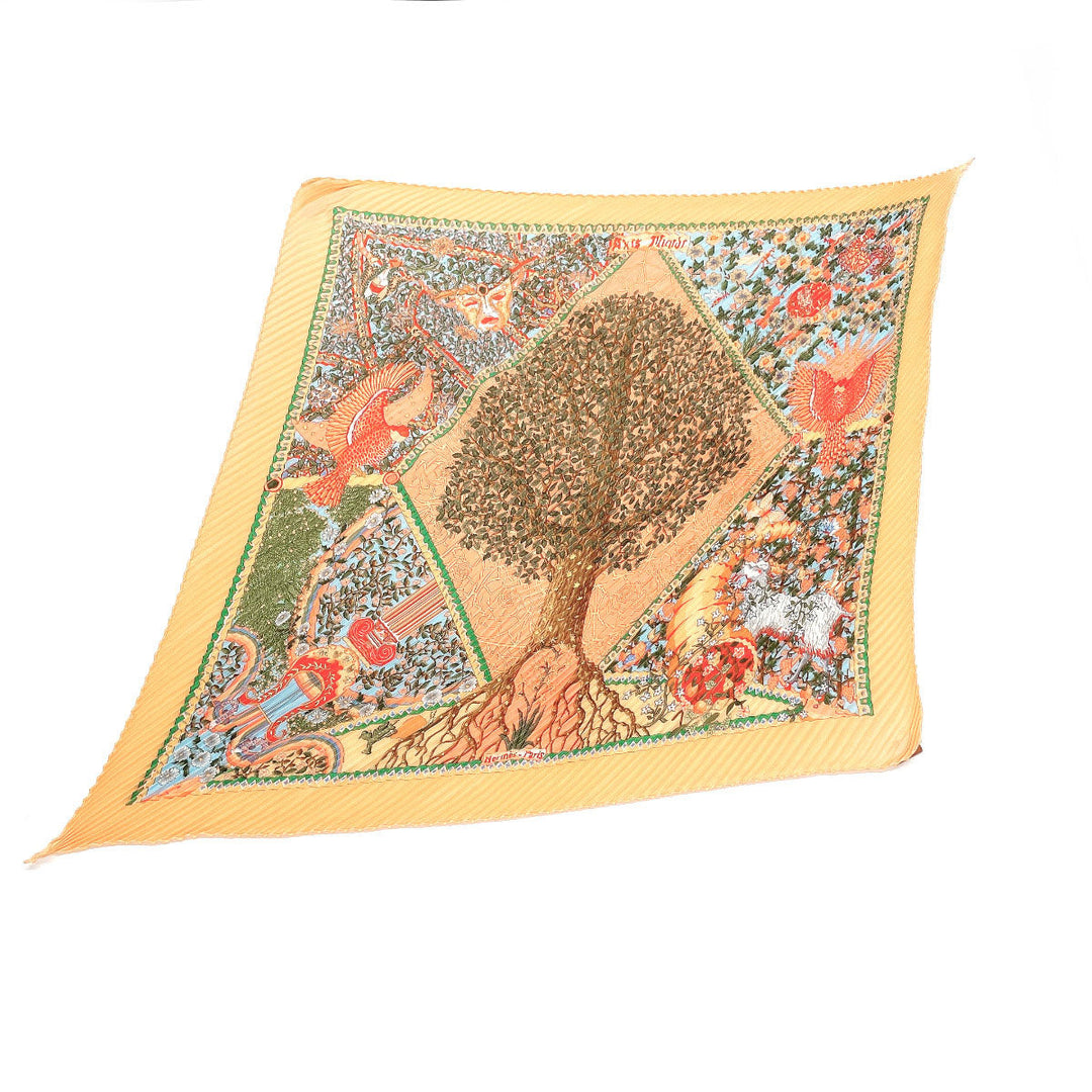 HERMES scarf Silk, 100% silk Orange Axis Mundi Pleated Carre Women Used Authentic