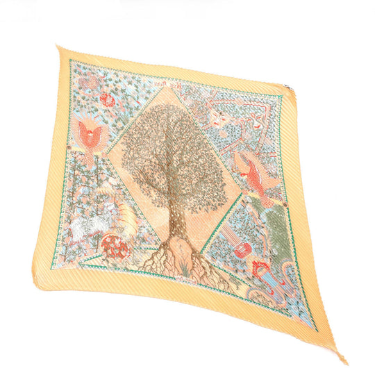 HERMES scarf Silk, 100% silk Orange Axis Mundi Pleated Carre Women Used Authentic