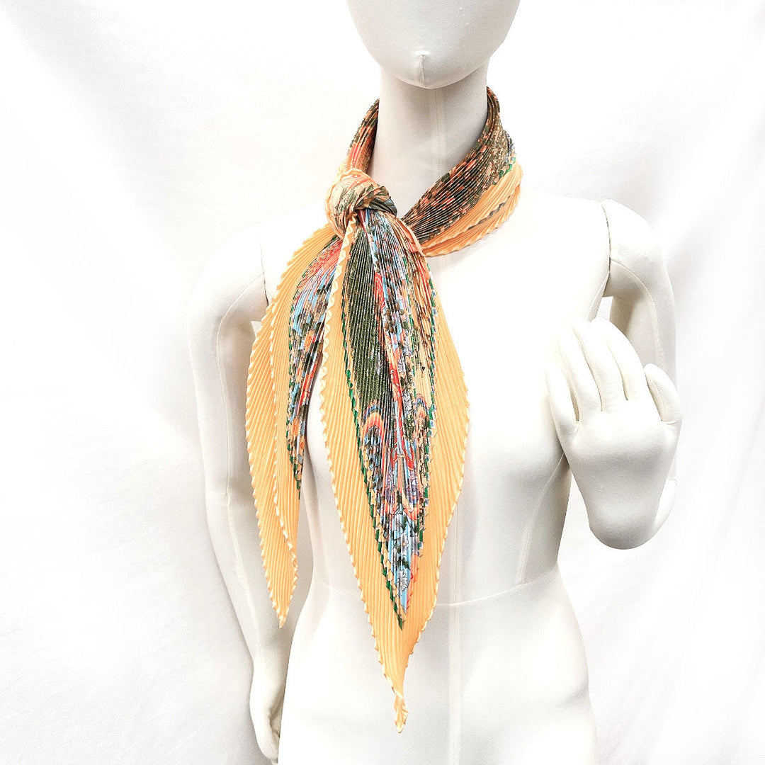 HERMES scarf Silk, 100% silk Orange Axis Mundi Pleated Carre Women Used Authentic