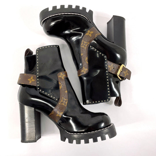 LOUIS VUITTON boots Patent Leather, Monogram Canvas black short boots Star trail line 36 1/2